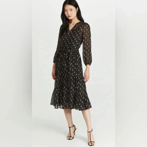 Shoshanna Benson Tiered Long Sleeve Sheer Metallic Chiffon Midi Dress Jet/Bronze - Picture 1 of 12